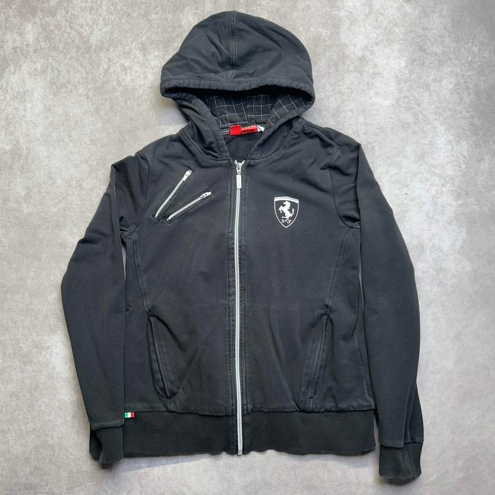Puma Scuderia Ferrari Women Black Full Zip Hoodie Double Chest Zipper Large